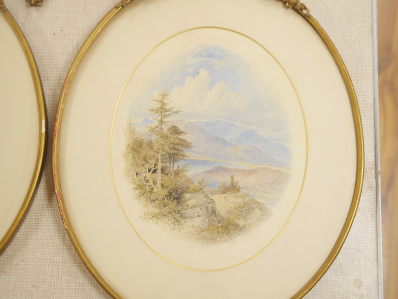 William Hull (1820-1880), pair of oval watercolours, Continental mountainous landscapes, 37 x 30cm, each gilt framed, signed and dated 1856. Condition - fair